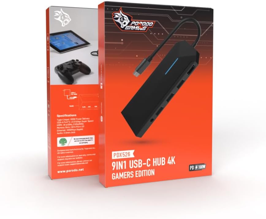 موزع منافذ Porodo Gaming 9 في 1 بمنفذ USB-C بدقة 4K إصدار اللاعبين - أسود