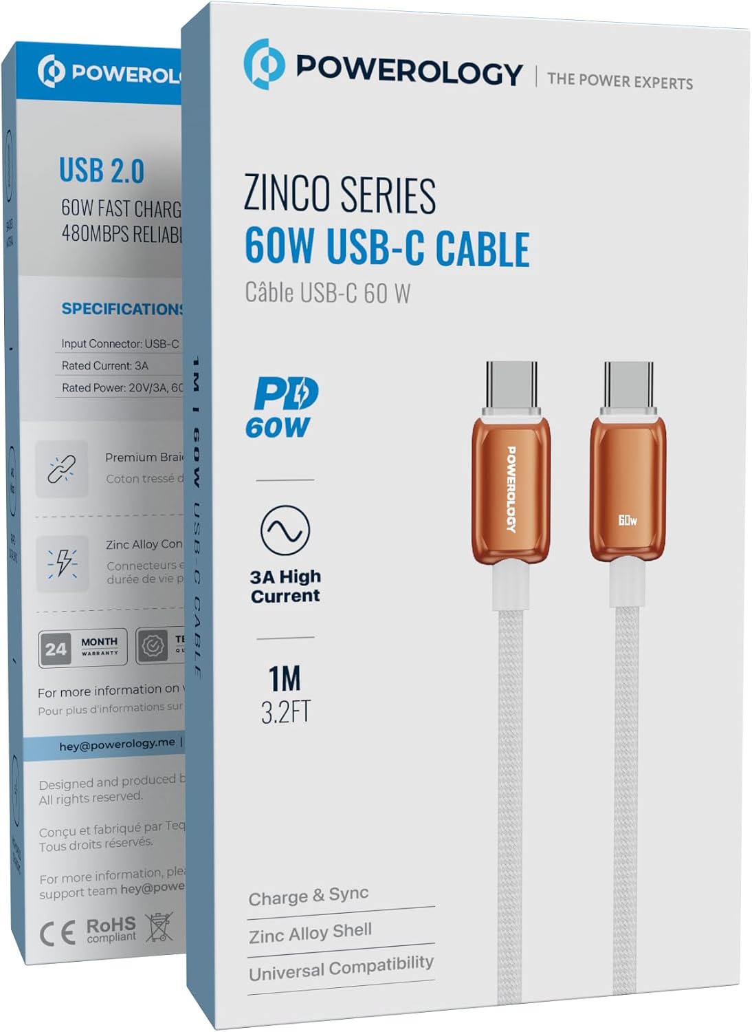 كابل باورولوجي زينكو سيريس 60 واط بمنفذ USB-C - أبيض وأزرق