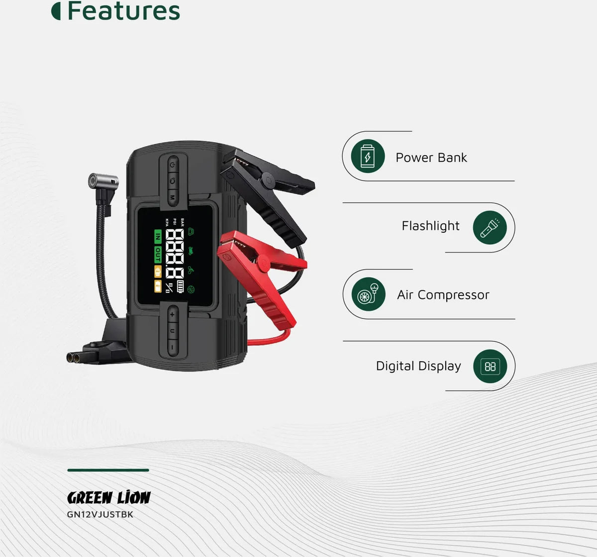 Green Lion 12V Jump Starter 12000 mAh Power Bank | Flash Light| Air Compressor - W Stooore