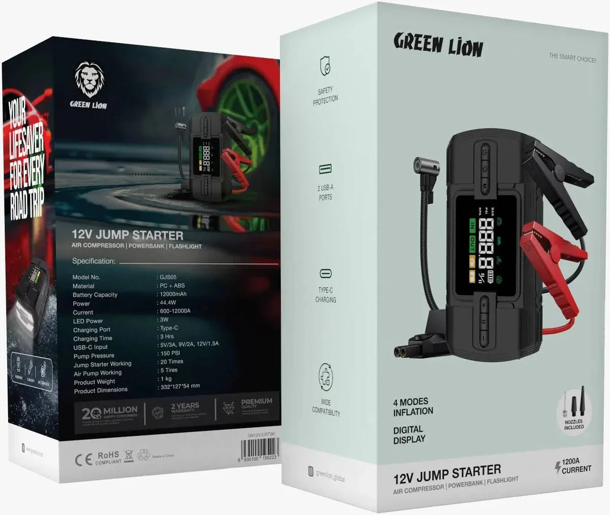Green Lion 12V Jump Starter 12000 mAh Power Bank | Flash Light| Air Compressor - W Stooore