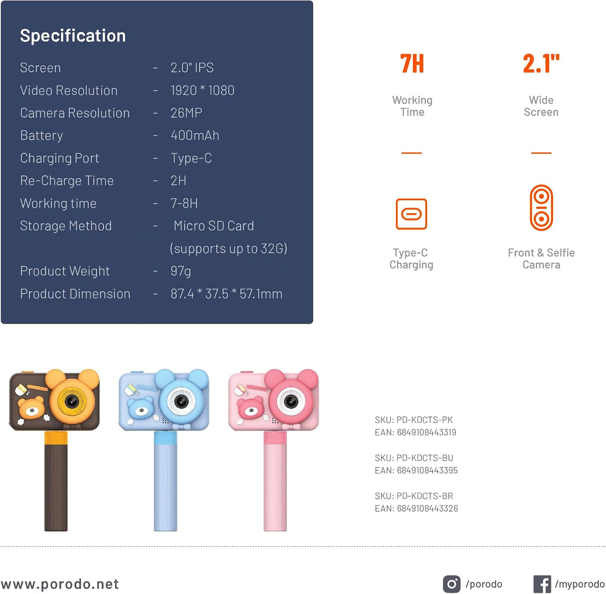 Porodo Kids Digital Camera With Tripod Stand - W Stooore