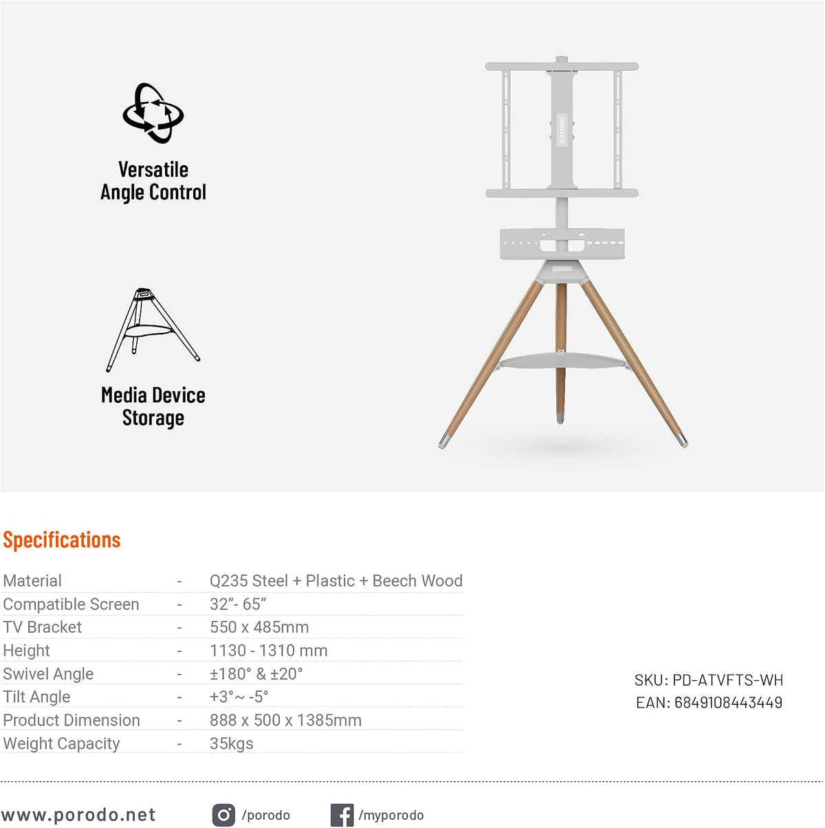 Porodo TV Stand Wooden Tripod - W Stooore
