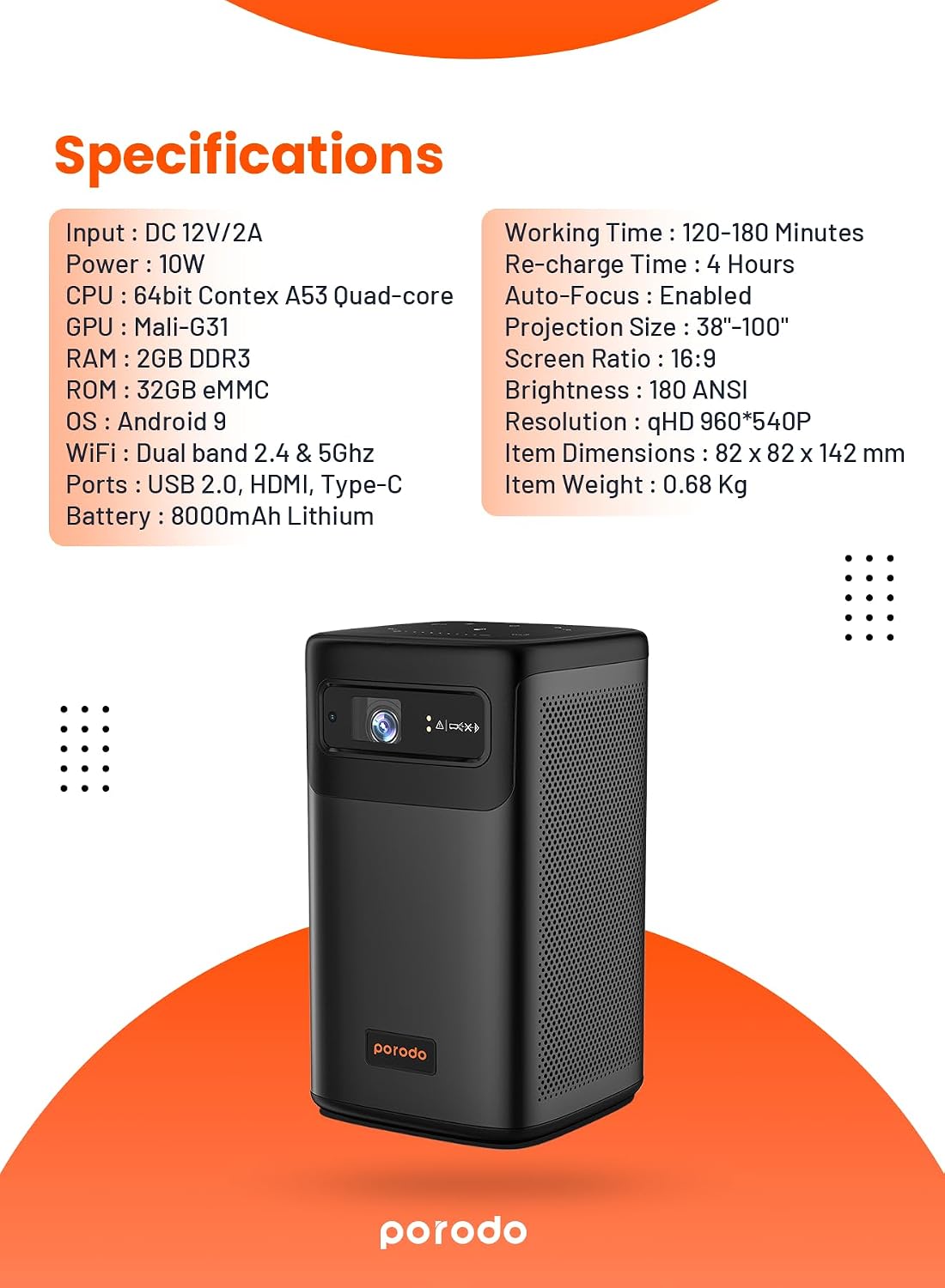 Porodo Protable DLP Projector Wireless Mirroring for IOS And Android - W Stooore