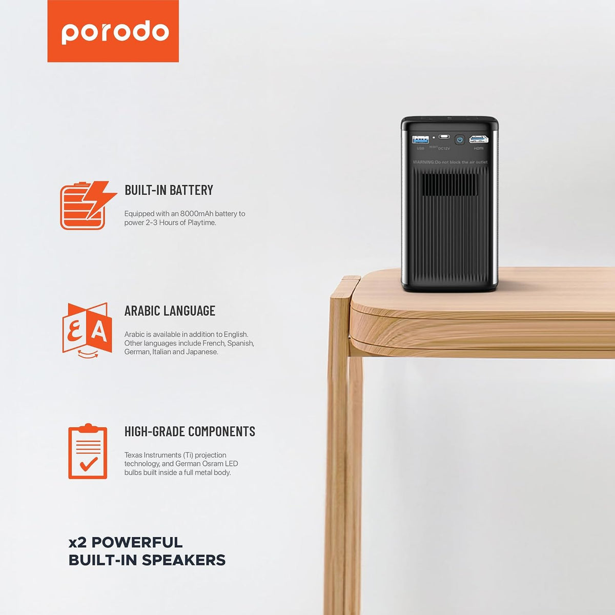 Porodo Protable DLP Projector Wireless Mirroring for IOS And Android - W Stooore