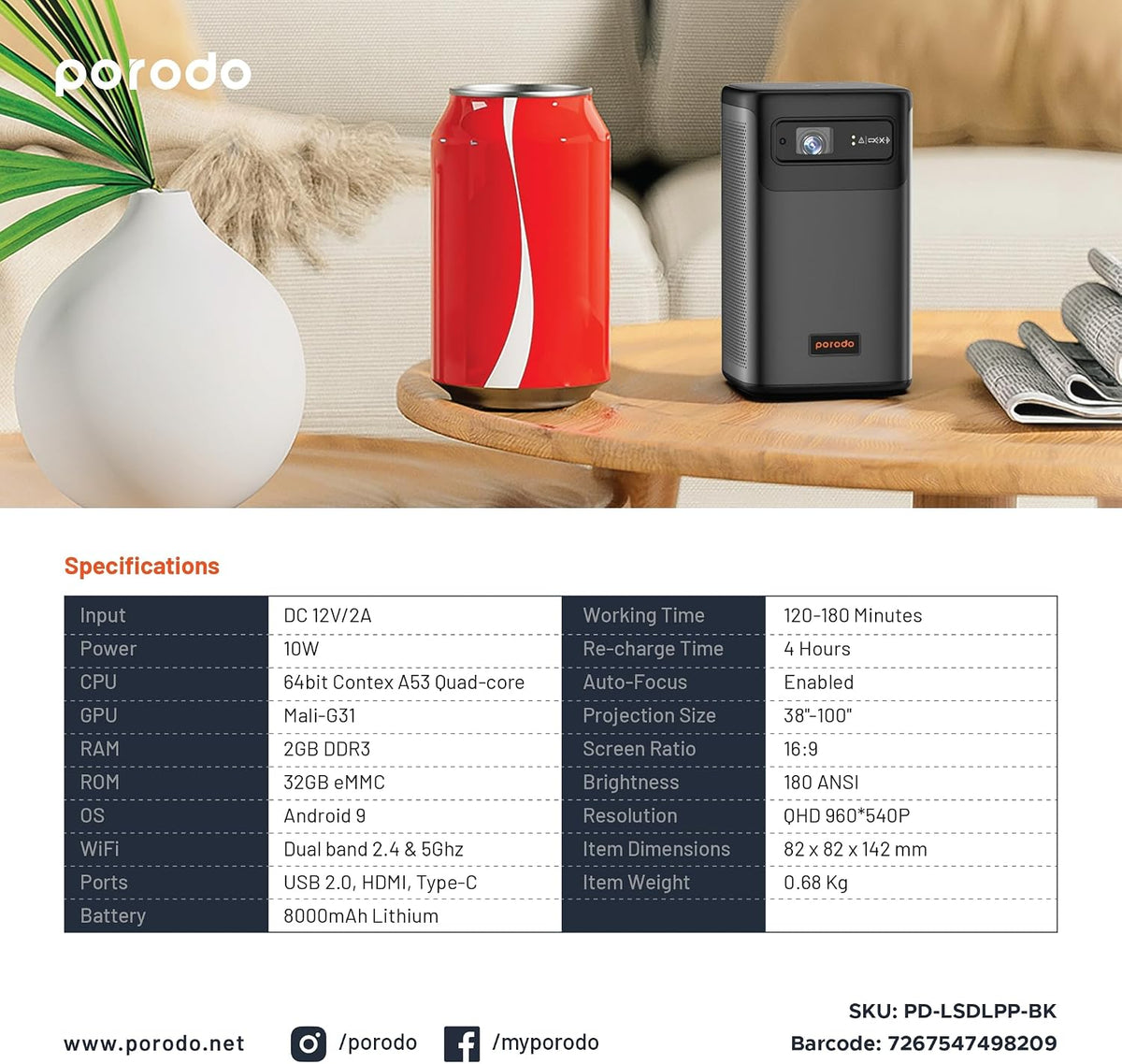 Porodo Protable DLP Projector Wireless Mirroring for IOS And Android - W Stooore