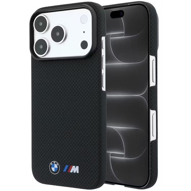 جراب صلب من ألياف الكيفلار الحقيقية بتقنية MagSafe لهاتف iPhone 18 Pro / 17 Pro من BMW مع شعارات مطبوعة - أسود