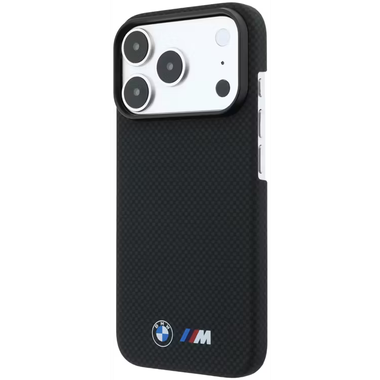 جراب صلب من ألياف الكيفلار الحقيقية بتقنية MagSafe لهاتف iPhone 18 Pro / 17 Pro من BMW مع شعارات مطبوعة - أسود