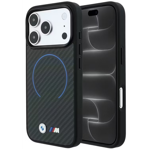 BMW Magsafe Carbon Fiber Hard Case With Blue Circle & Metal Logos – iPhone 18 Pro/17 Pro - Black
