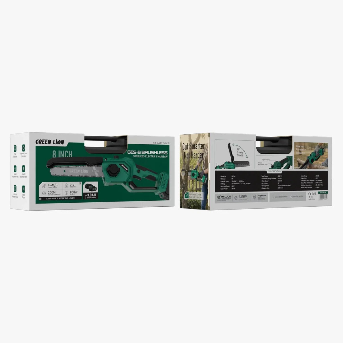 Green Lion GES-8 Brushless Cordless Chainsaw - 8" Bar Length - 2*21V 3.0Ah Battery - W Stooore