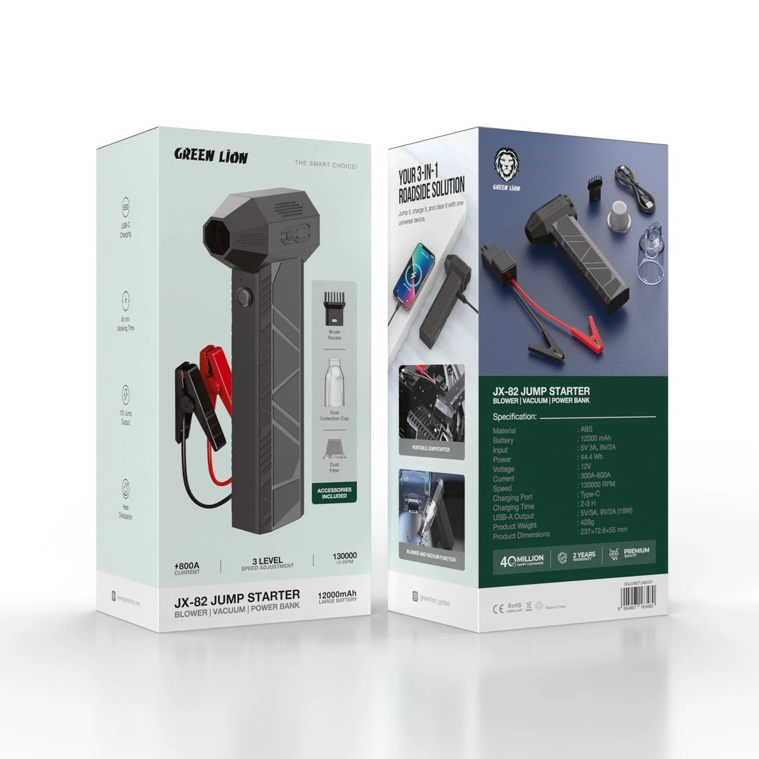Green Lion JX-82 Jump Starter - Blower, Vacuum, Power Bank 12000mAh - W Stooore