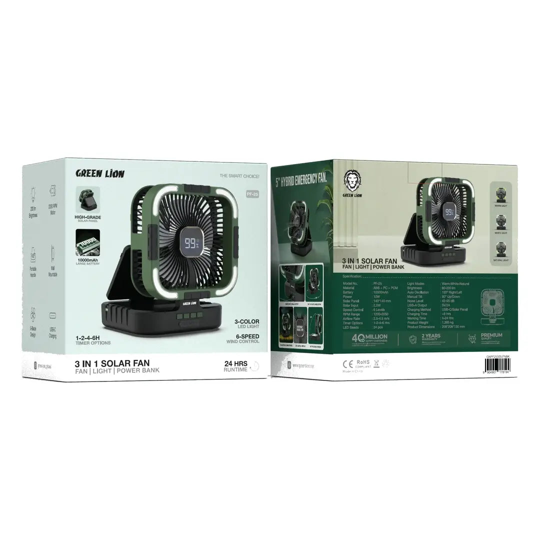 Green Lion 3 in 1 Solar Fan - Fan | Light | Power Bank - W Stooore