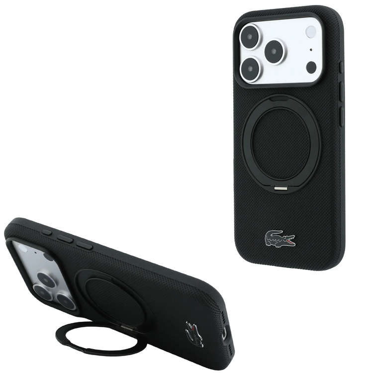 Lacoste Magsafe Iconic Petit Pique Hard Case With 360° Rotating Ring Stand – iPhone 18 Pro Max/17 Pro Max - Black