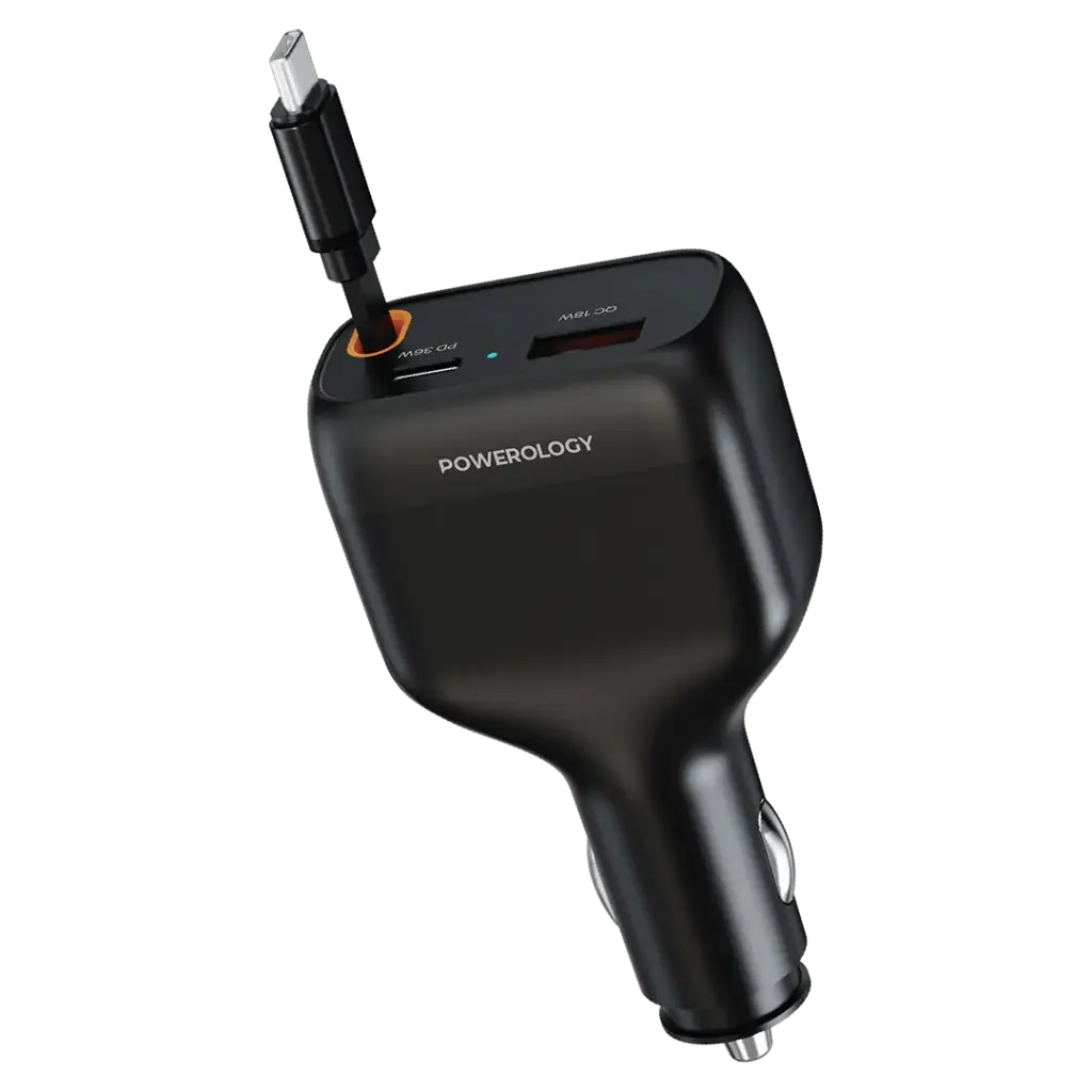 شاحن سيارة باورولوجي سايبر 81 واط بمنفذ USB-C قابل للسحب - أسود