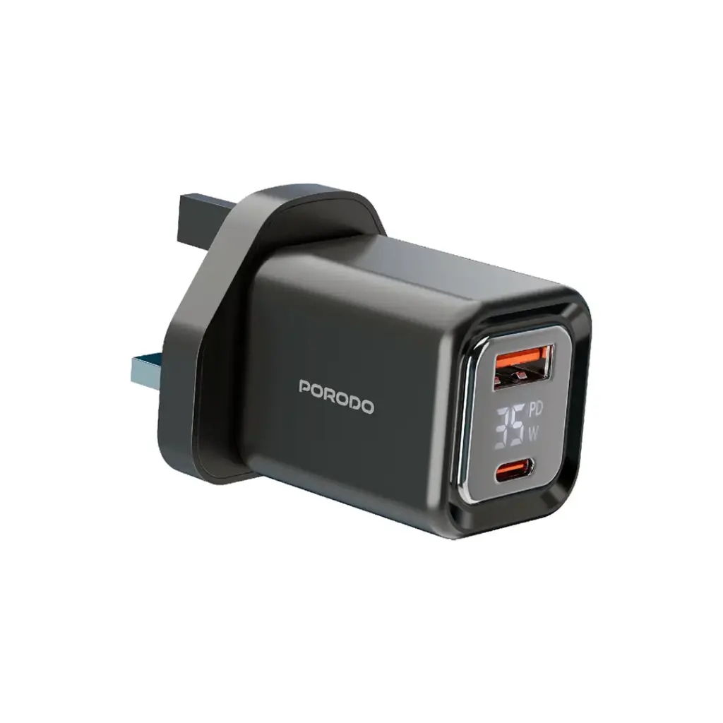 Porodo Dual-Port | Digital Display Quick Charger with Cable - Black