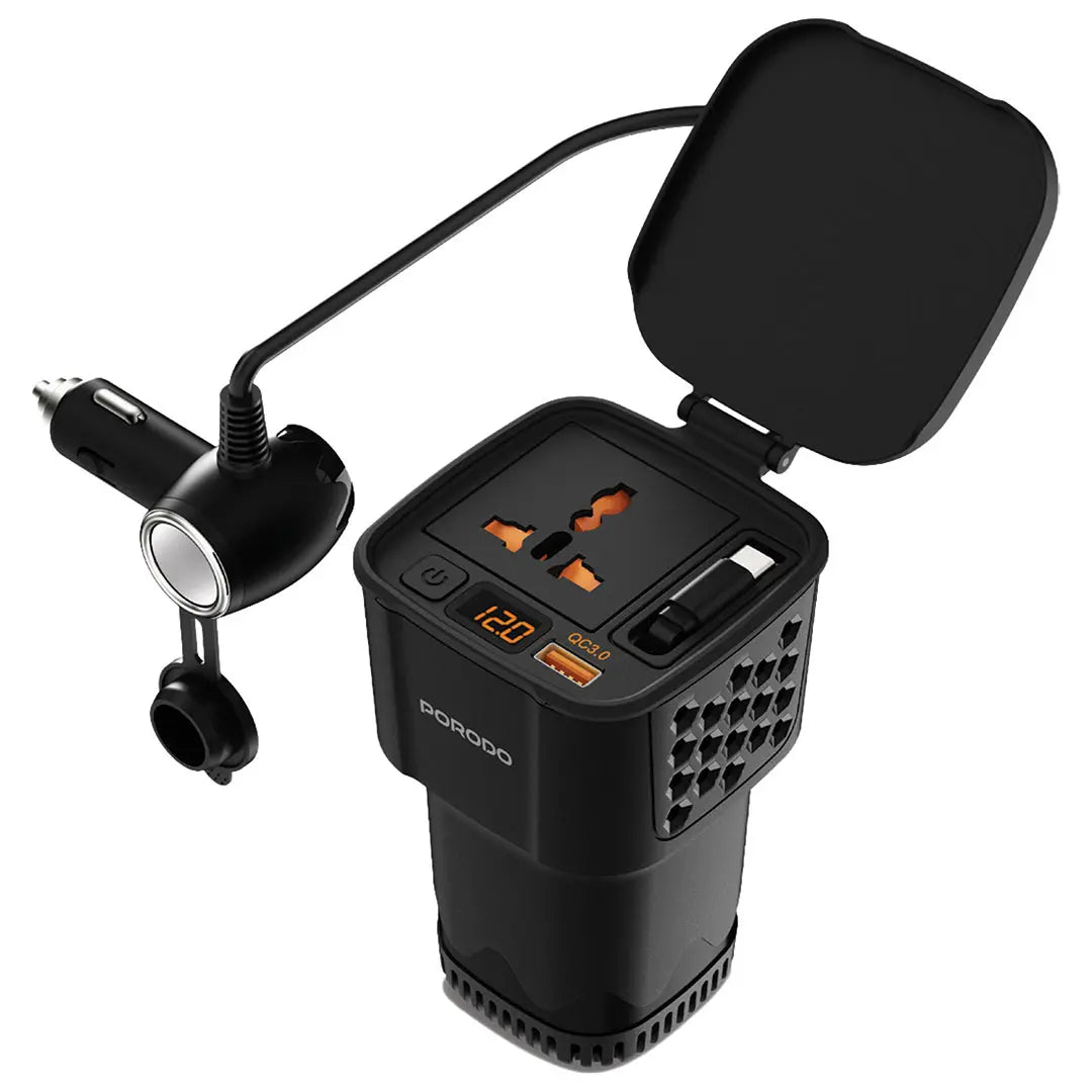 Porodo DriveStation 200W Car Power Inverter with Real-Time Voltage Display - W Stooore