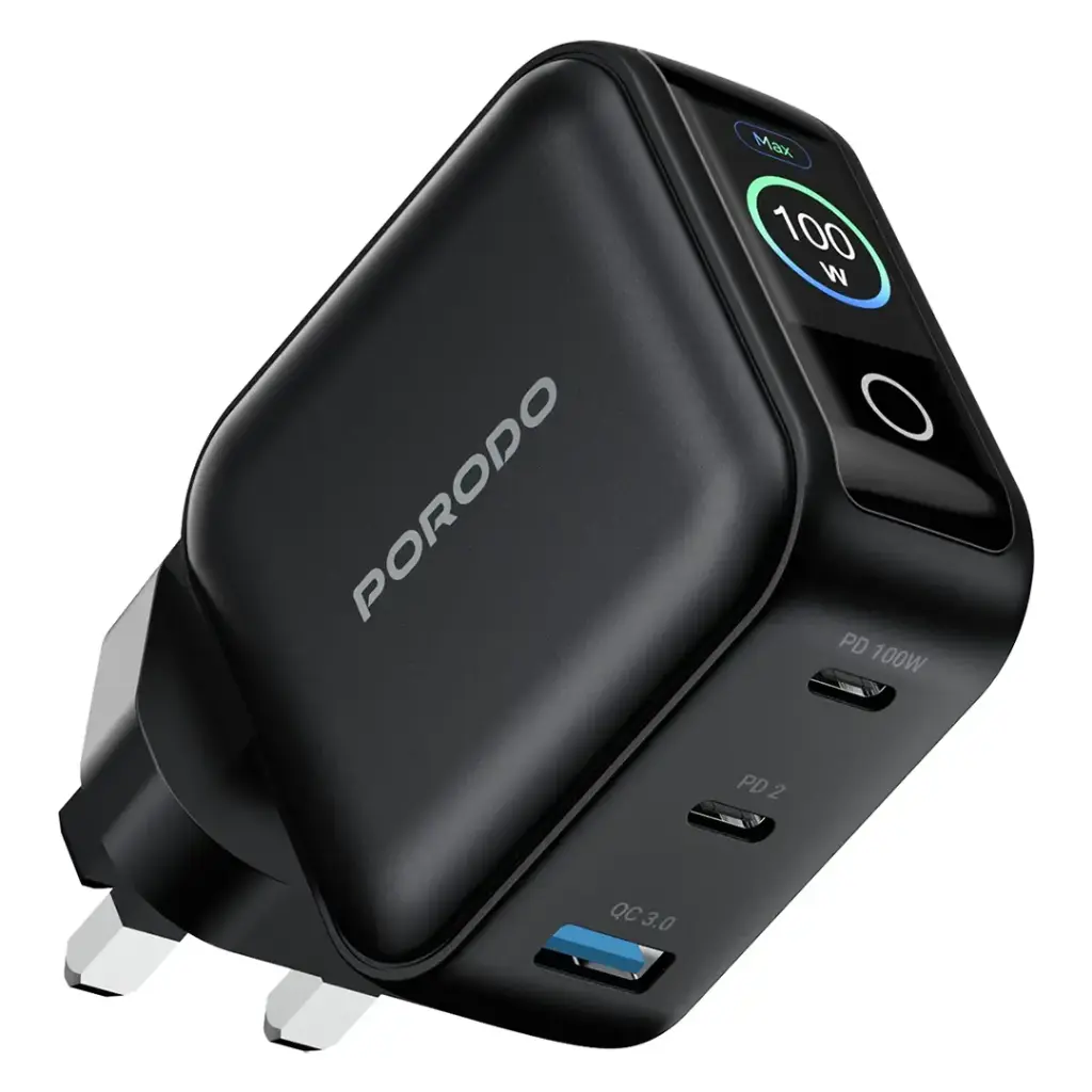 Porodo Nexora 100W 3-Port Wall Charger with LCD Display - W Stooore