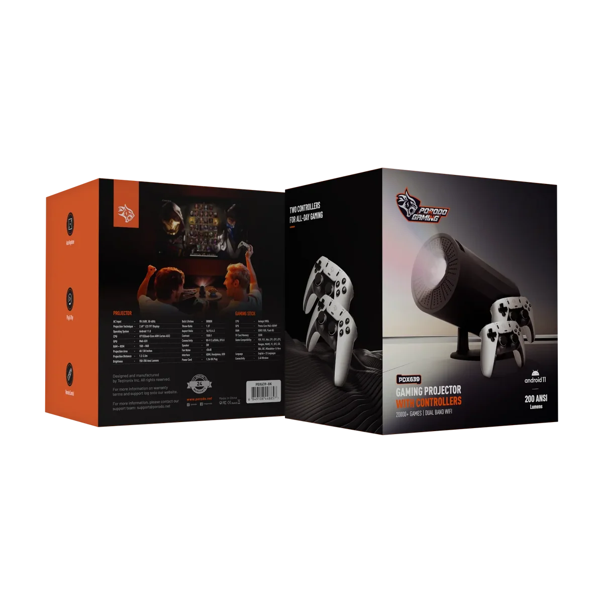 Porodo Gaming 4K Projector Android 11 with Auto Keystone and Gamepad Controller - W Stooore