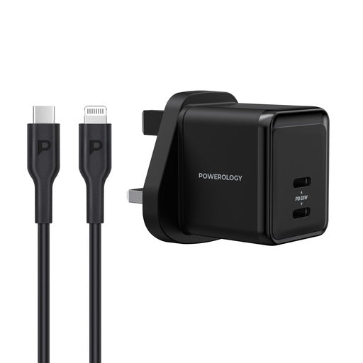 شاحن باورولوجي فائق الصغر بتقنية GaN مع كابل USB-C إلى Lightning بطول 1.2 متر/4 قدم - أسود