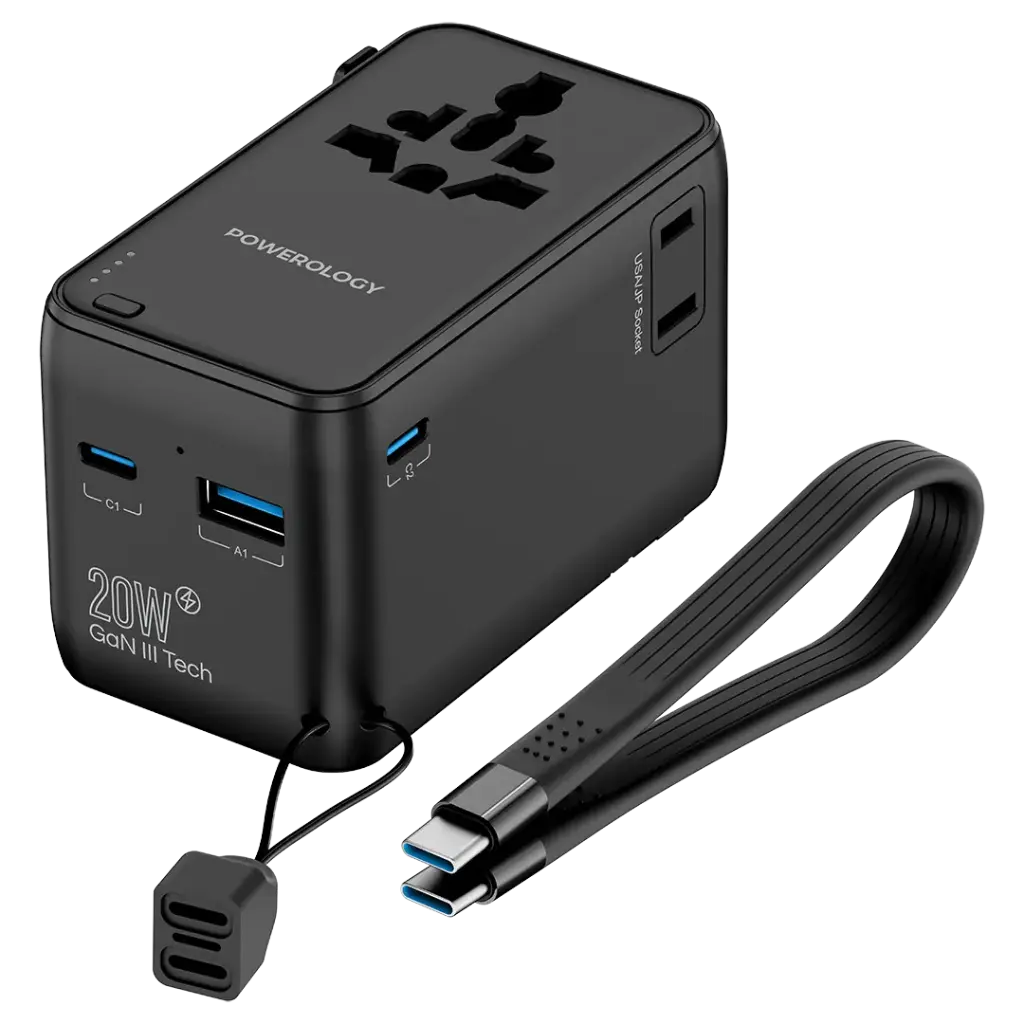 Powerology 2500W Universal Travel Adapter With 4000mAh Power Bank - Black