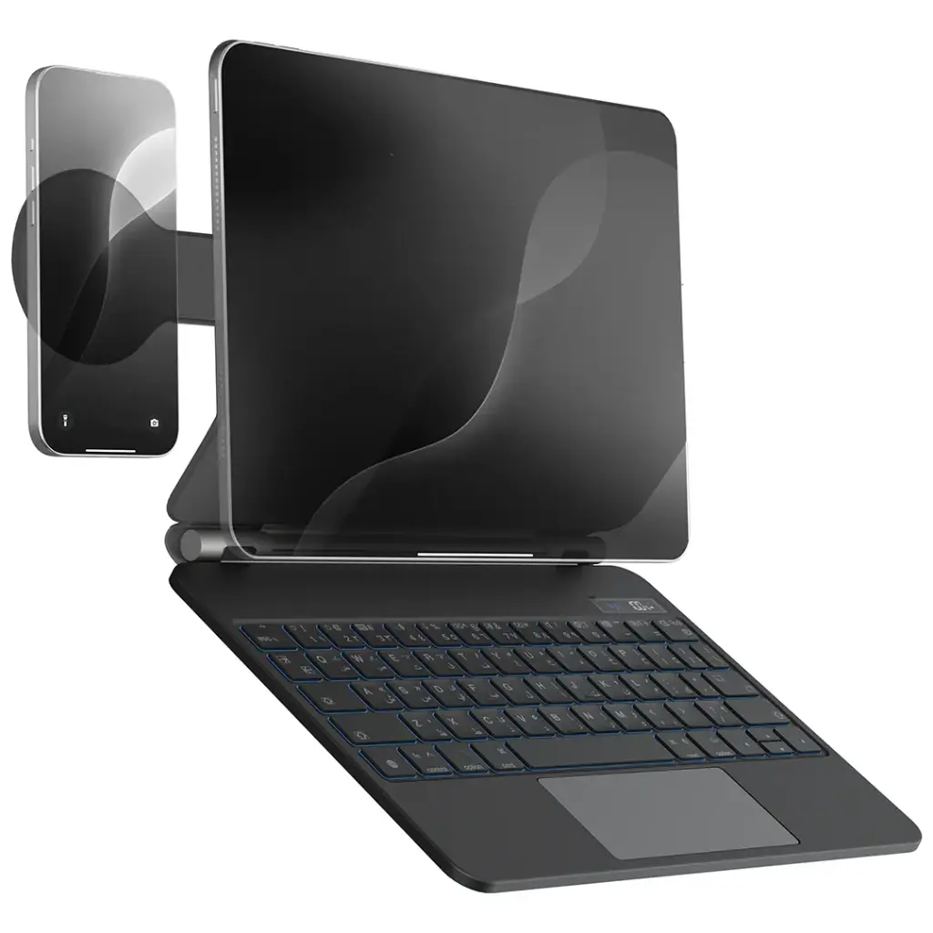 حقيبة لوحة مفاتيح Powerology DynaBoard اللاسلكية مع حامل هاتف MagSafe مصممة لجهاز iPad Pro مقاس 13 بوصة (M4) - أسود