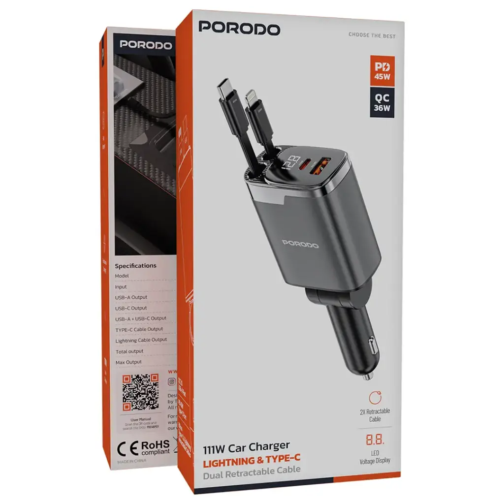 Porodo 111W Car Charger Lightning & Type-C - W Stooore