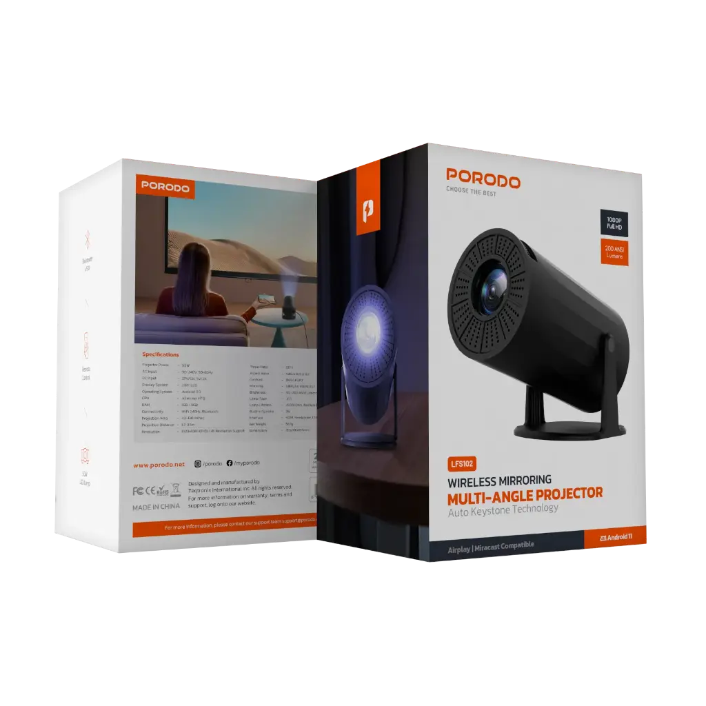 Porodo Mini Projector Wireless Mirroring Patented Dust-Proof Structure - W Stooore