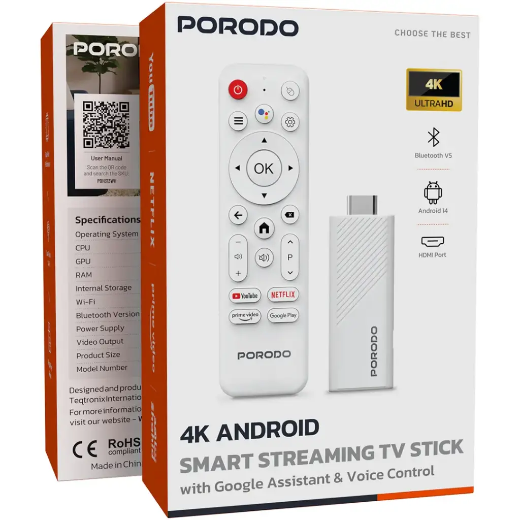 Porodo 4k Android Smart Streaming TV Stick - White