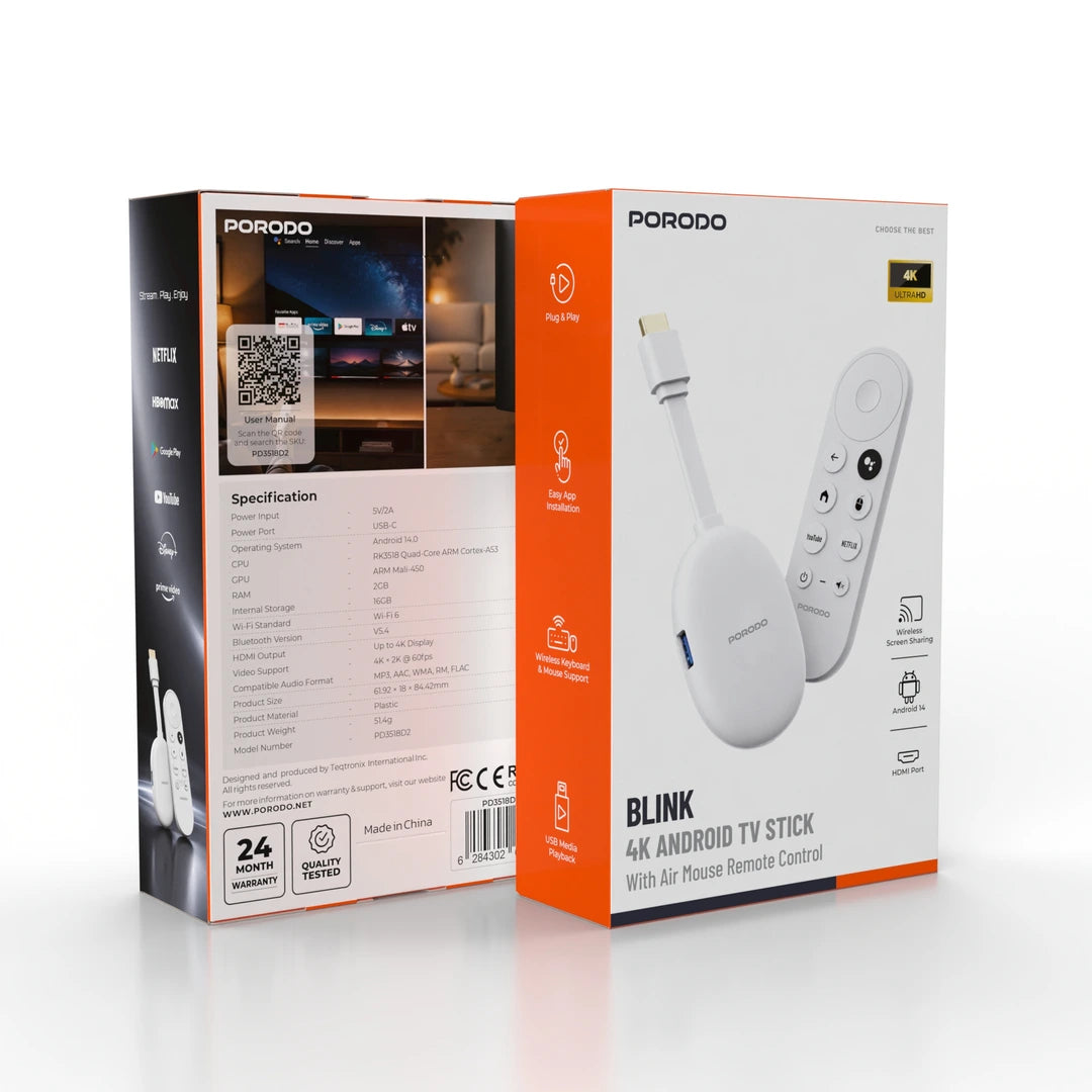 Porodo BLINK 4K Android TV Stick With Air Mouse Remote Control - W Stooore