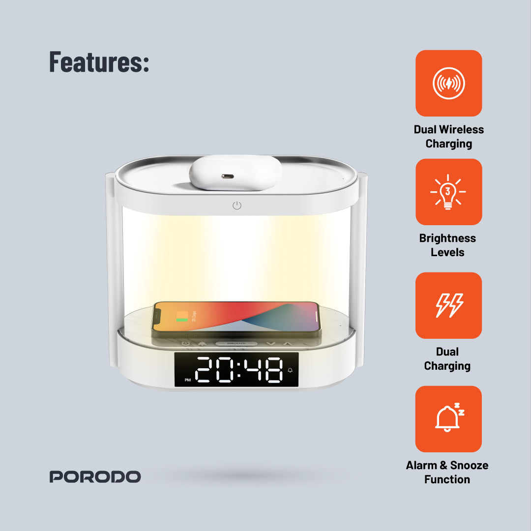 Porodo Bedside Lamp Wireless Charging & Digital Clock - W Stooore