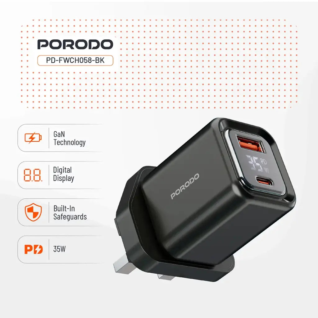 Porodo Dual-Port | Digital Display Quick Charger with Cable - Black