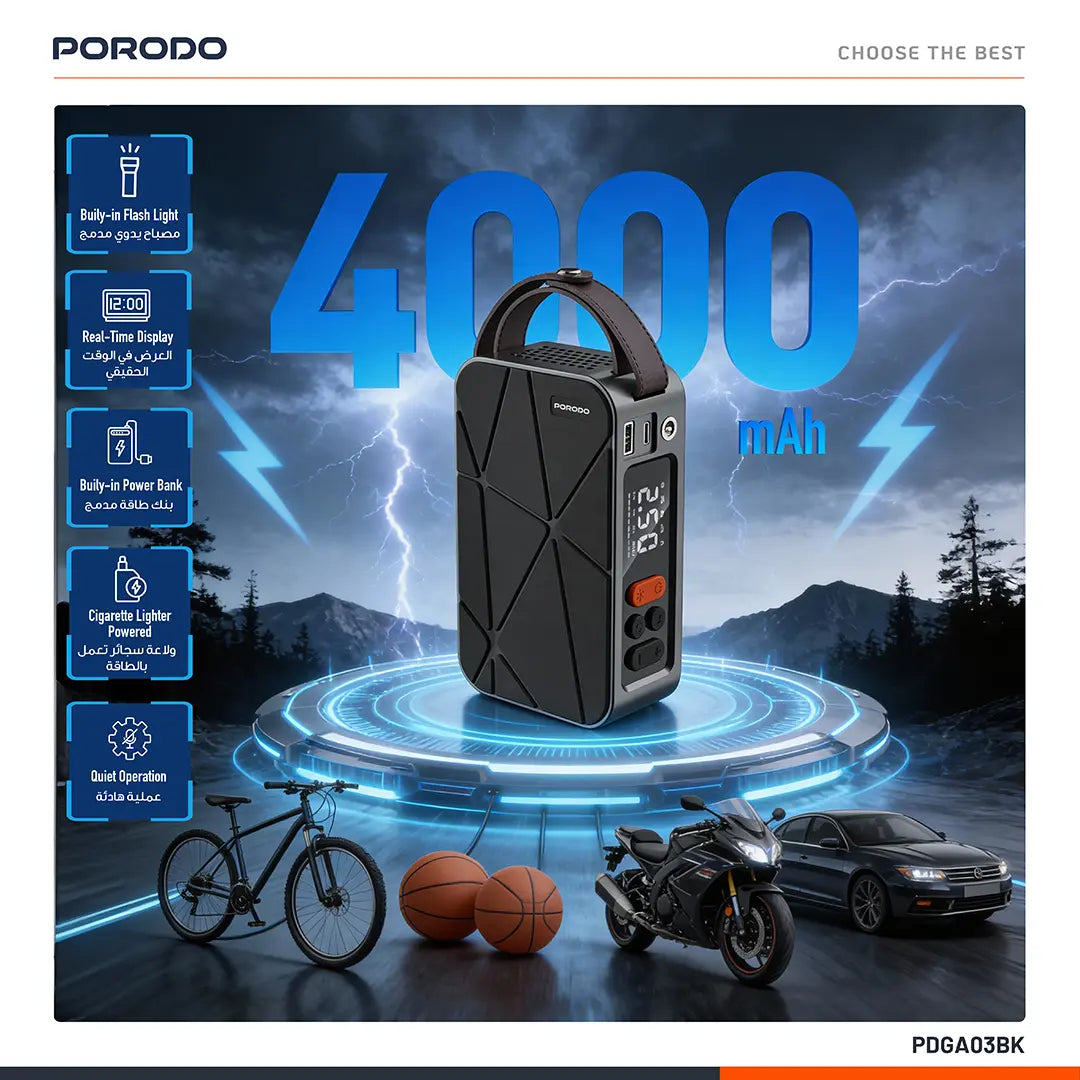 Porodo Flator 4000mAh Car Tire Inflator Pressure Display - W Stooore