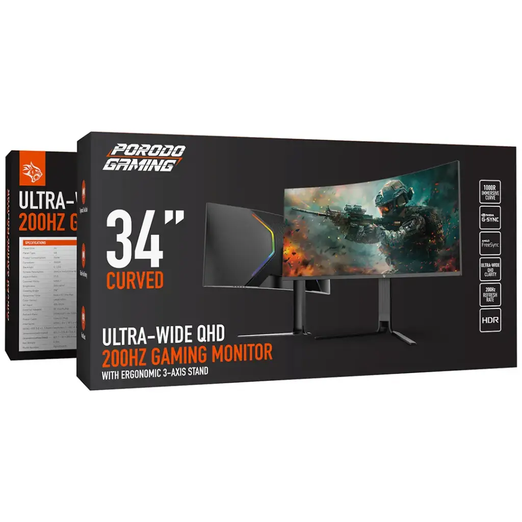 Porodo Gaming 34" Curved Ultra-Wide QHD 200HZ Gaming Monitor with Ergonomic 3-Axis Stand - W Stooore