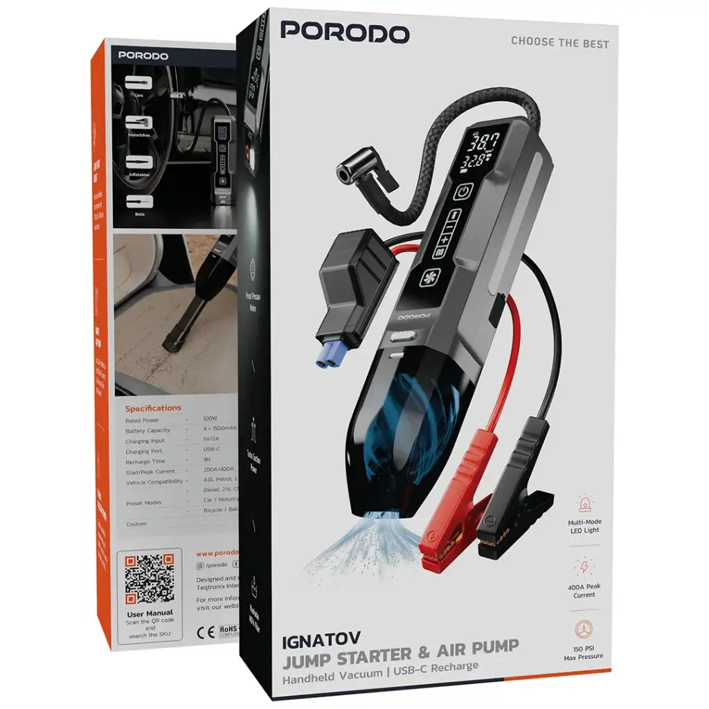 Porodo IGNATOV Jump Starter & Air Pump with Handheld Vacuum | USB-C Recharge - W Stooore