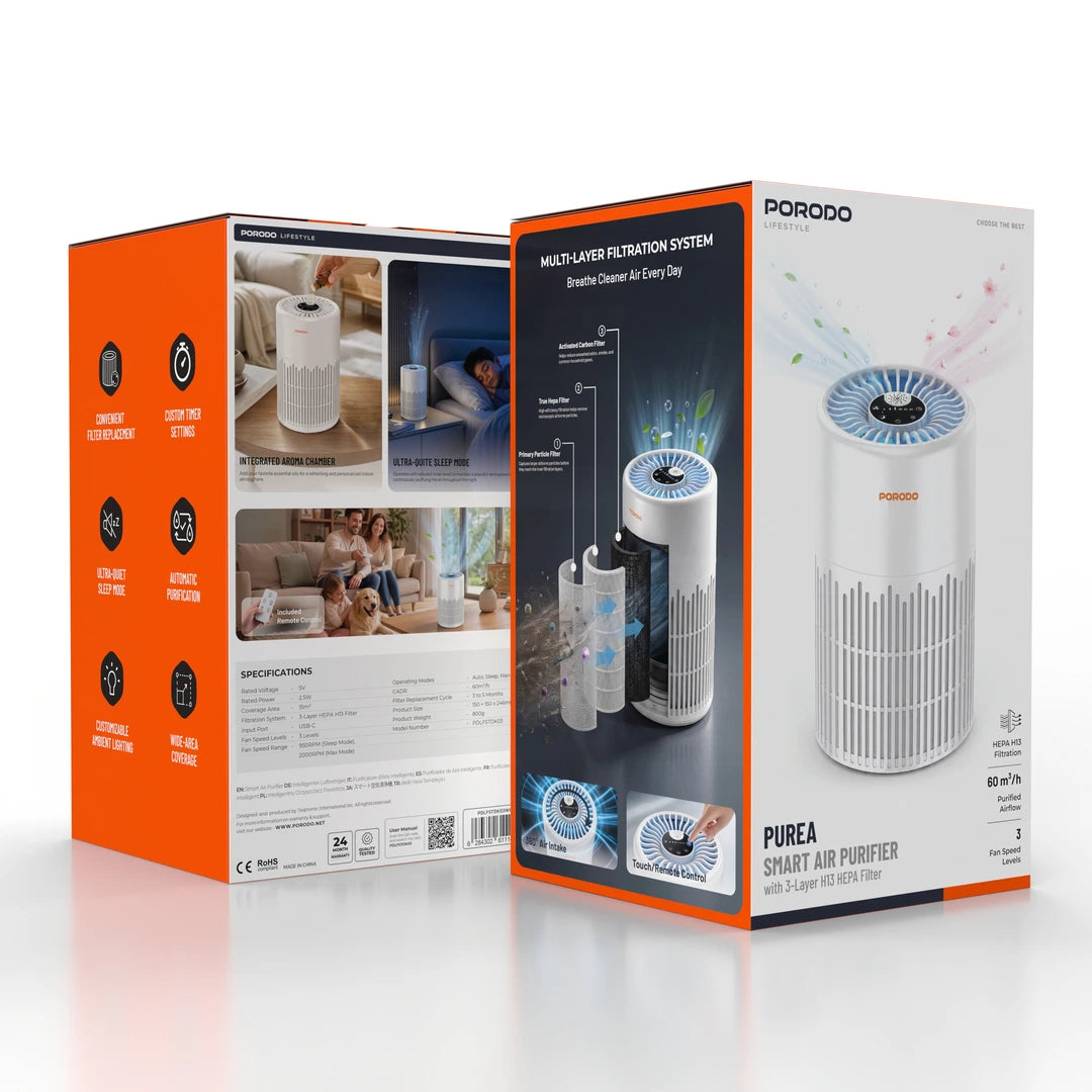 Porodo Lifestyle PUREA Smart Air Purifier with 3-Layer H13 HEPA Filter - W Stooore