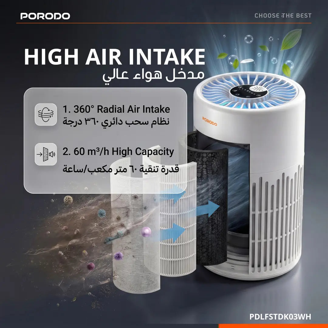 Porodo Lifestyle PUREA Smart Air Purifier with 3-Layer H13 HEPA Filter - W Stooore