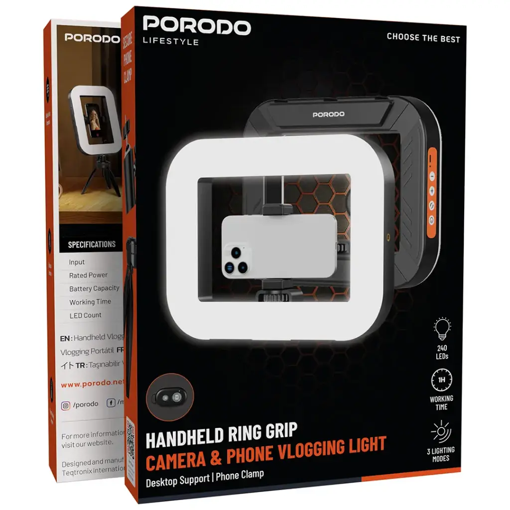Porodo Lifestyle Handheld ring grip Camera & phone vlogging light Desktop support | Phone clamp - W Stooore