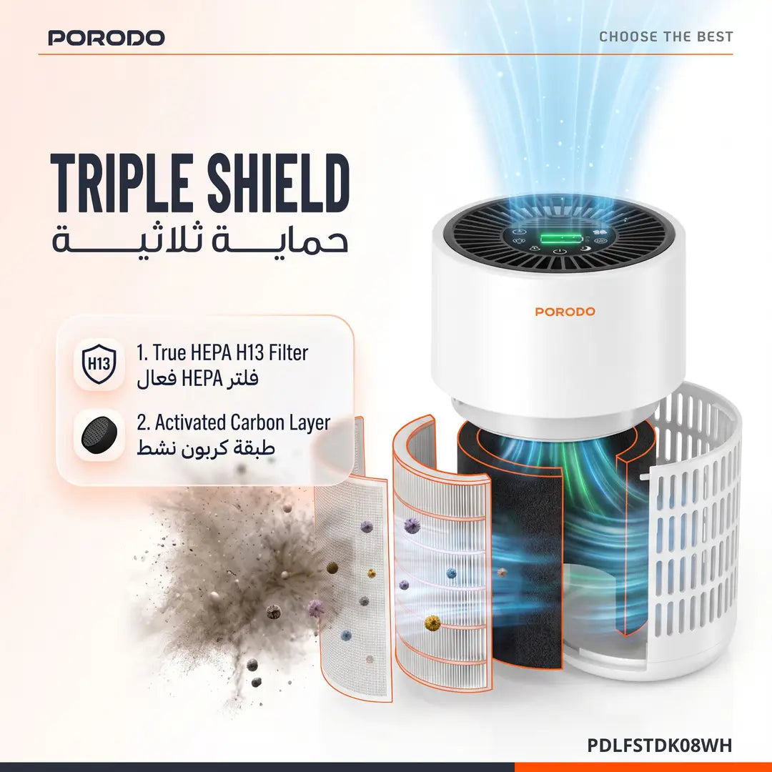 Porodo Lifestyle Purea Prime Smart Air Purifier with 3-Layer H13 HEPA Filter - W Stooore
