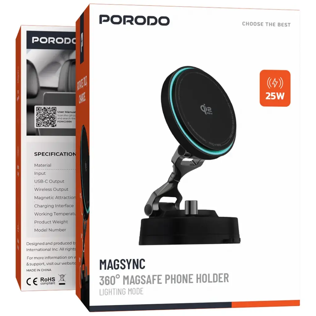 حامل هاتف Porodo Magsync 360° بتقنية Magsafe مع وضع إضاءة - أسود