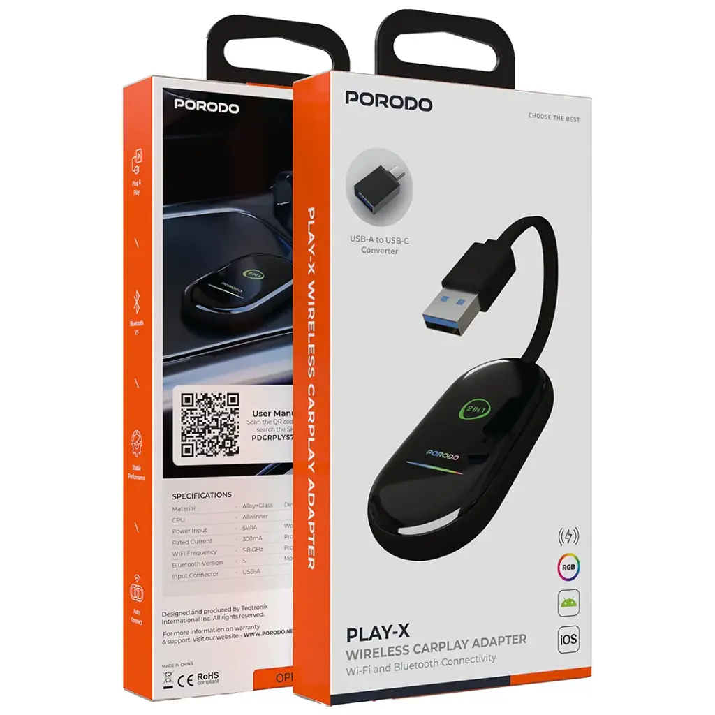 Porodo Play-X Wireless Carplay Adapter with Wi-Fi and Bluetooth Connectivity - W Stooore