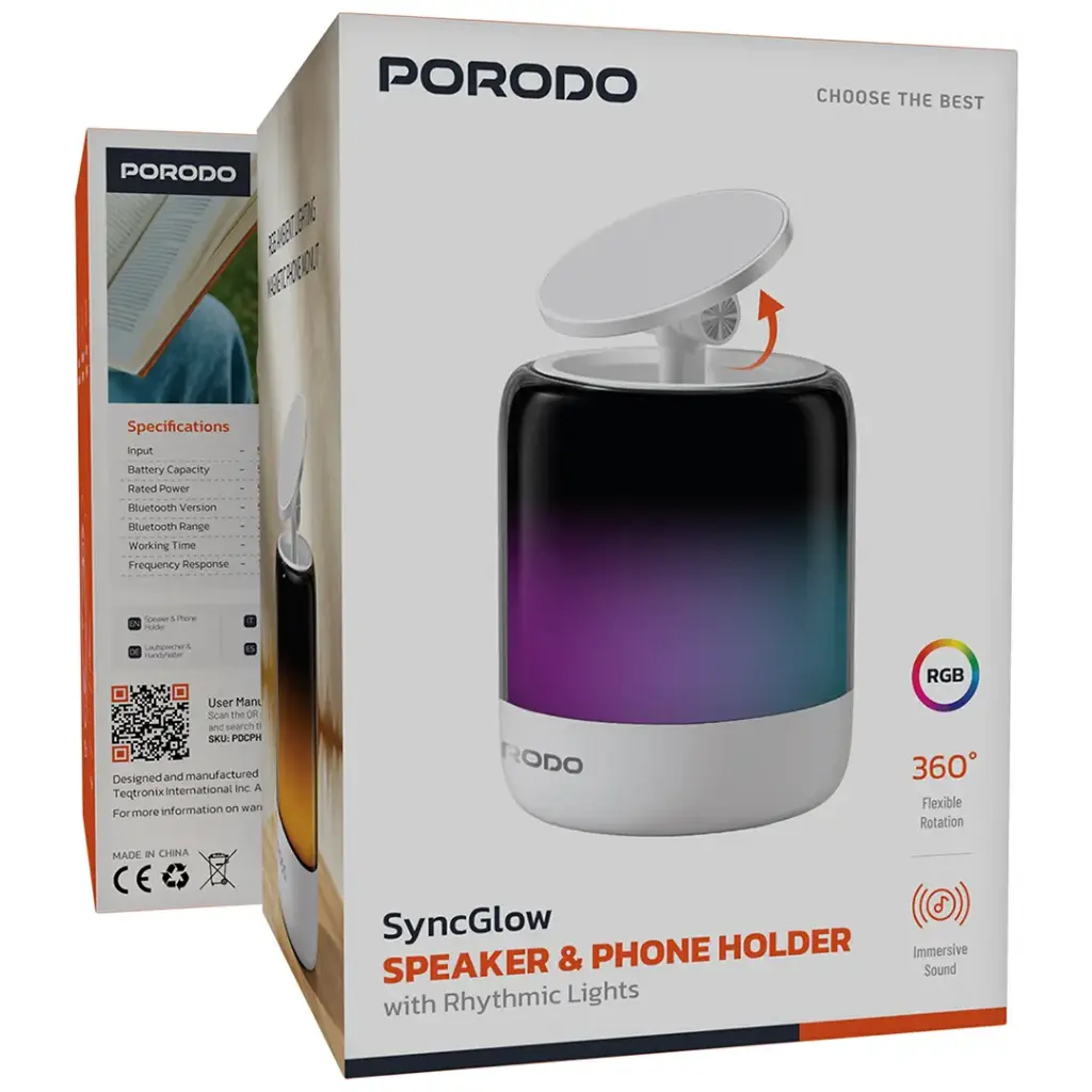 مكبر صوت وحامل هاتف Porodo Syncglow - أبيض