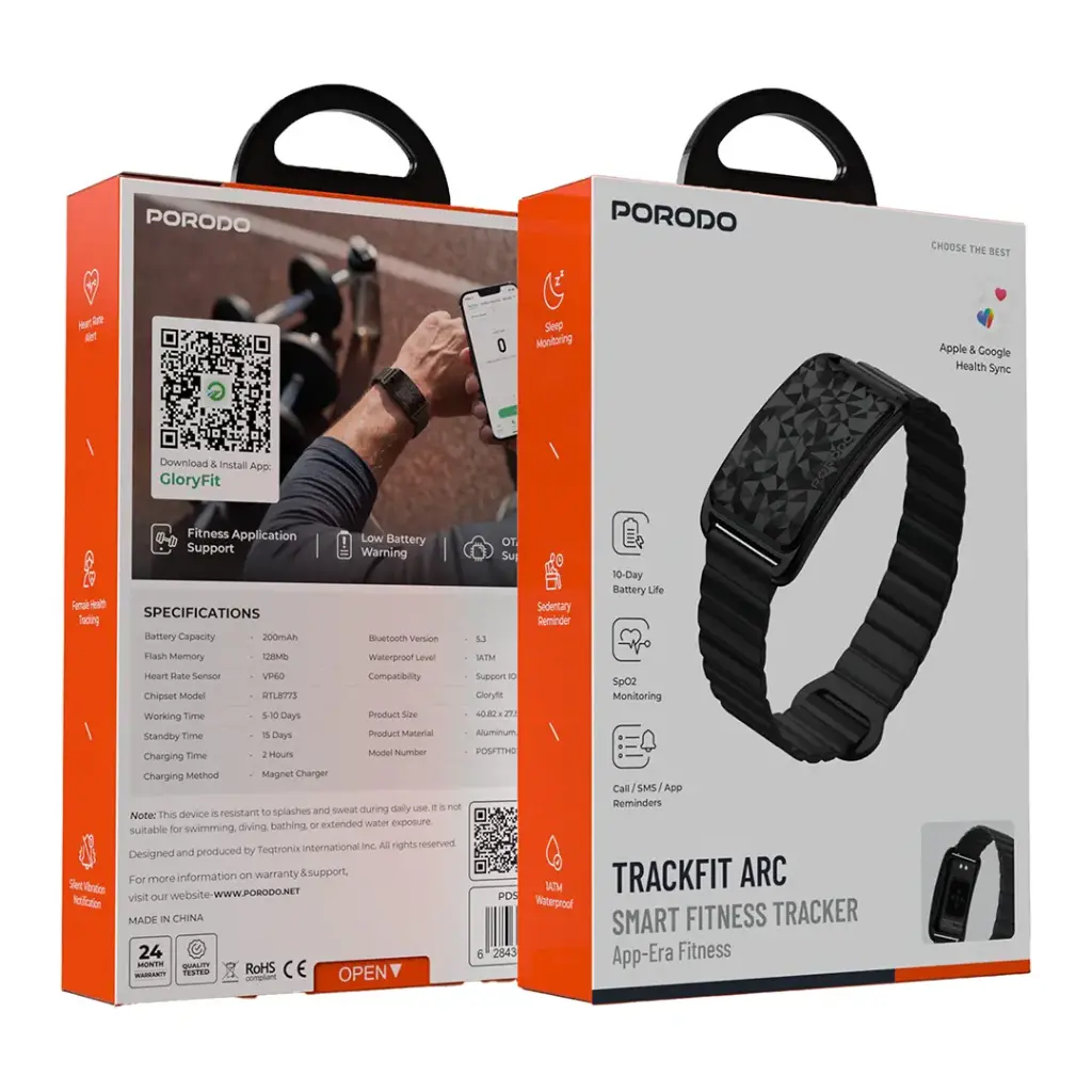 سوار اللياقة البدنية الذكي بورودو تراك فيت آرك مع حزام مغناطيسي - أسود
