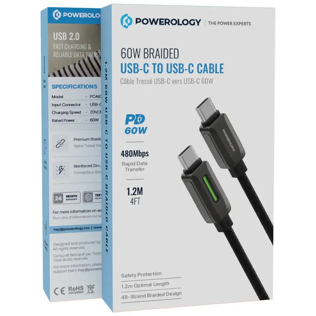 كيبل باورولوجي مضفر USB-C إلى USB-C بقوة 60 واط - أسود