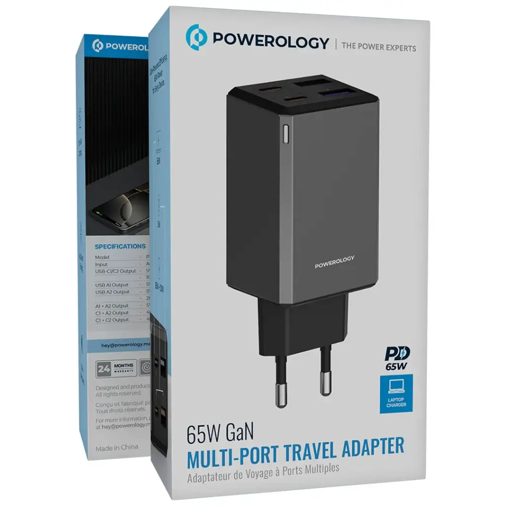 Powerology 65W GaN Multi-Port Travel Adapter - Grey