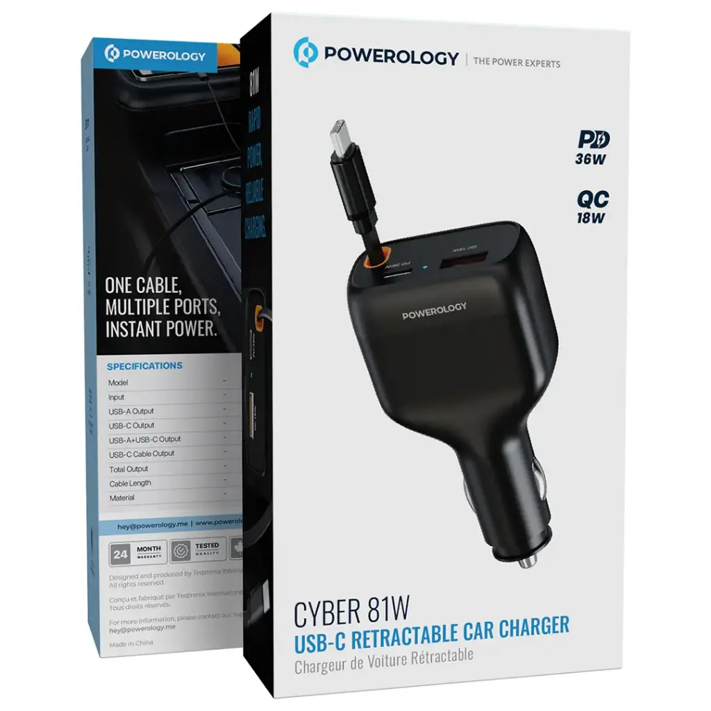 شاحن سيارة باورولوجي سايبر 81 واط بمنفذ USB-C قابل للسحب - أسود