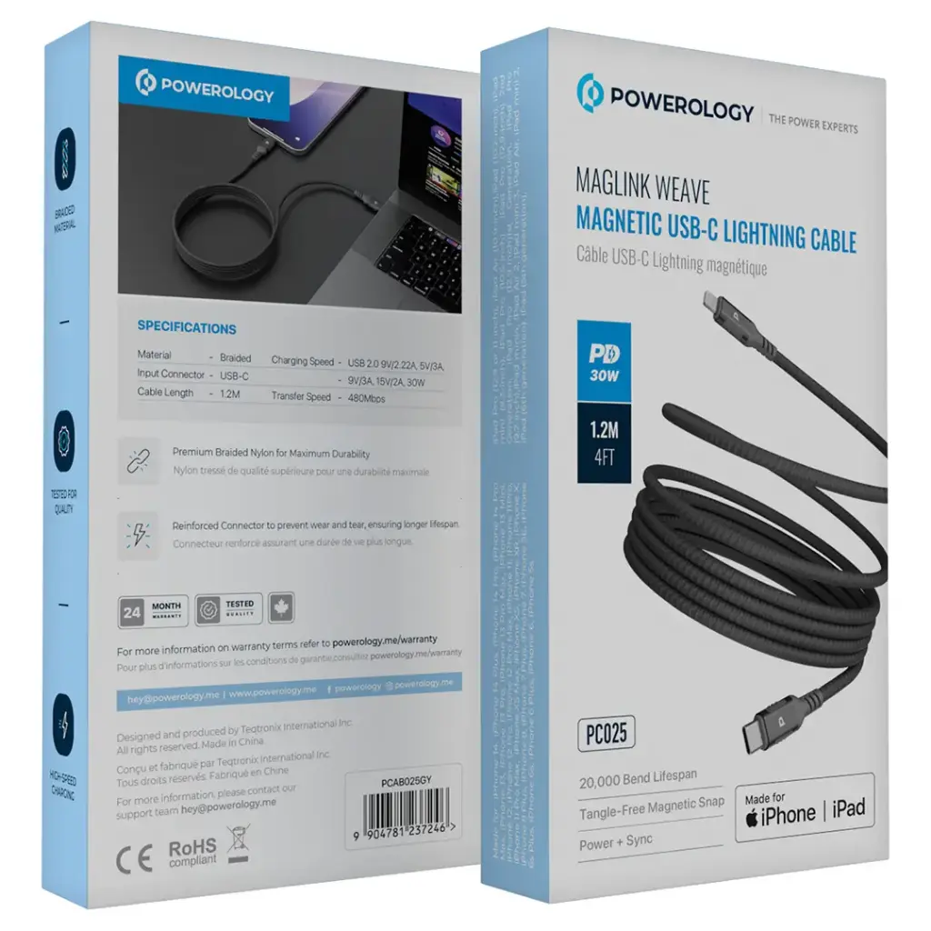 كابل باورولوجي مالينكا ويف مغناطيسي من USB-C إلى Lightning بطول 1.2 متر، بقدرة 30 واط - رمادي