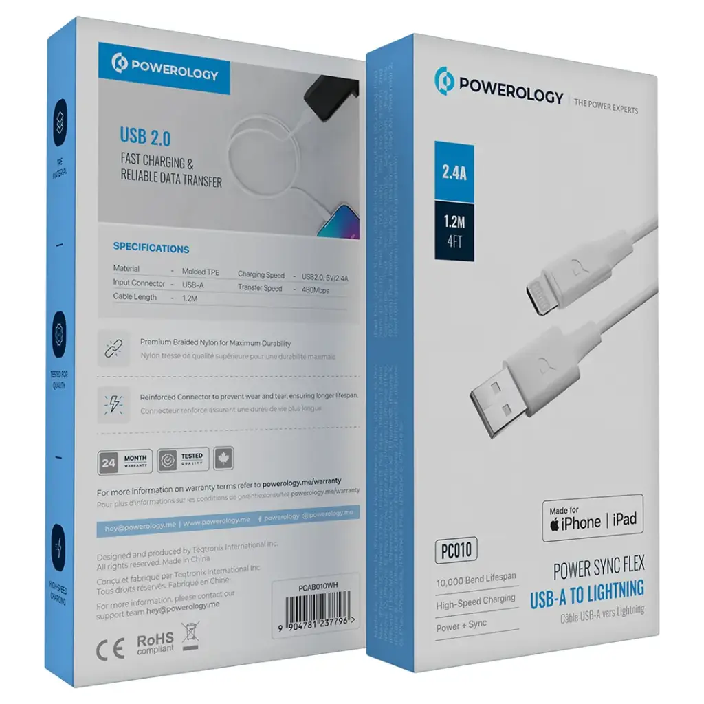 كابل باورولوجي TPE بمنفذ USB-A إلى Lightning للشحن السريع ونقل البيانات - أبيض