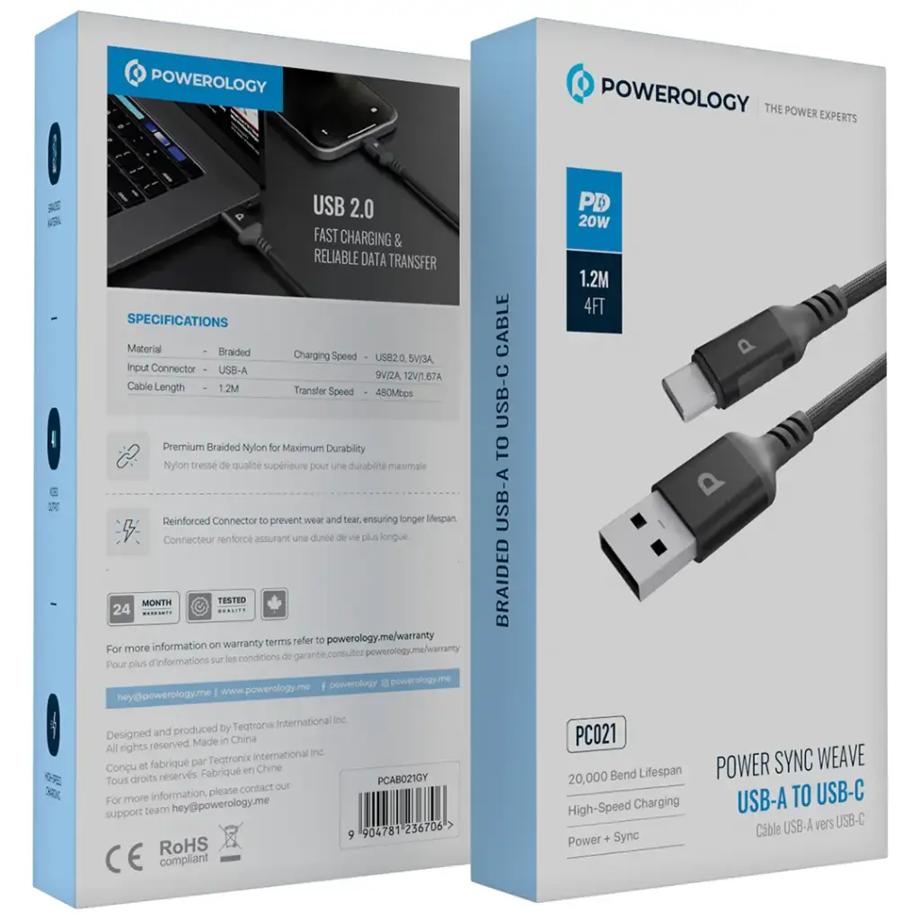 كابل باورولوجي باور سينك ويف USB-A إلى USB-C بطول 2 متر، يدعم تقنية PD بقدرة 20 واط - رمادي