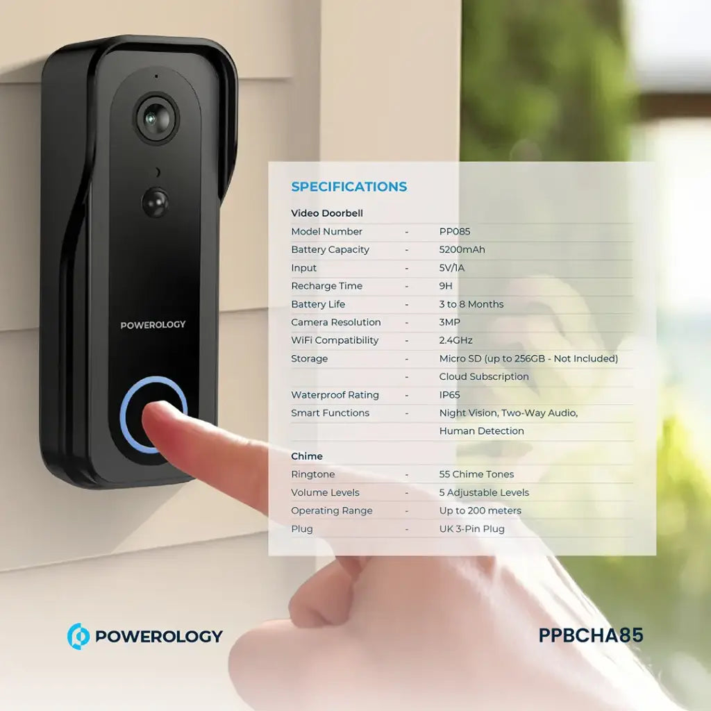 Powerology IP65 265GB 3MP Infrared Smart Camera Doorbell 5200mAh with Voice - W Stooore