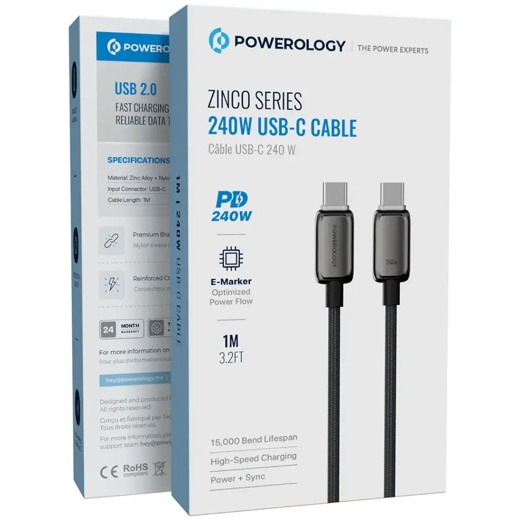 كابل باورولوجي زينكو سيريس بقدرة 240 واط بمنفذ USB-C - رمادي داكن