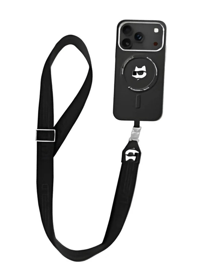 Karl Lagerfeld MagSafe PU Leather Case With Choupette Metal Logo & Strap – iPhone 17 Pro - Black